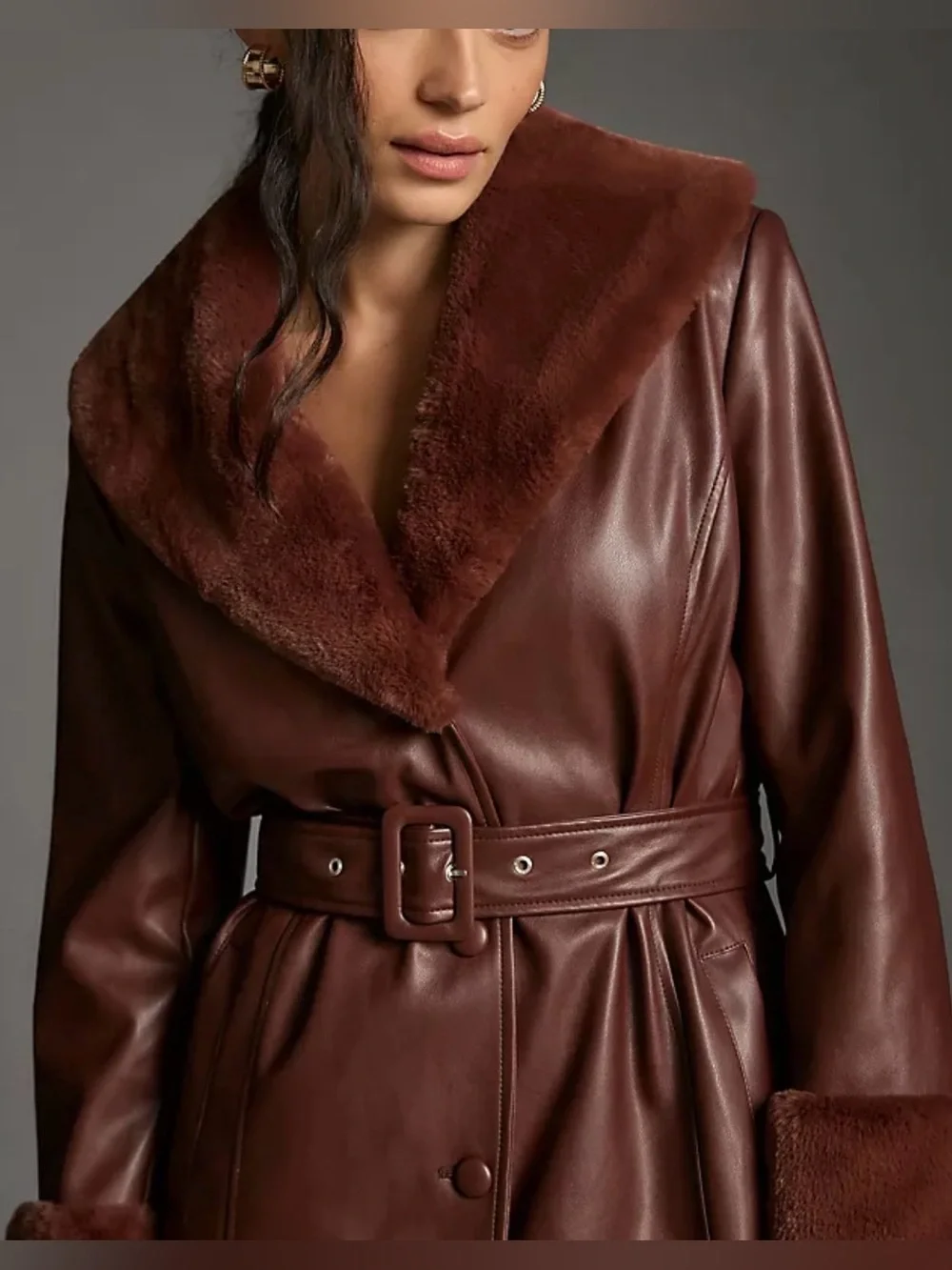 Avec Les Filles Rich Chestnut Faux Leather Jacket with Faux Fur Trim Medium - Picture 3 of 12